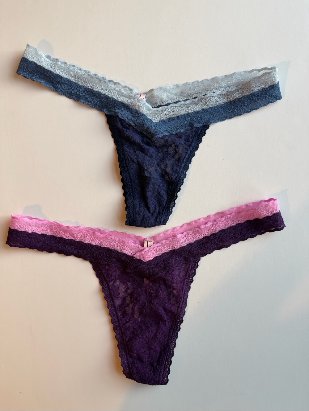 Victoria's Secret Lace V-Front Lace Thongs in Navy and Purple, Lay Flat Lace